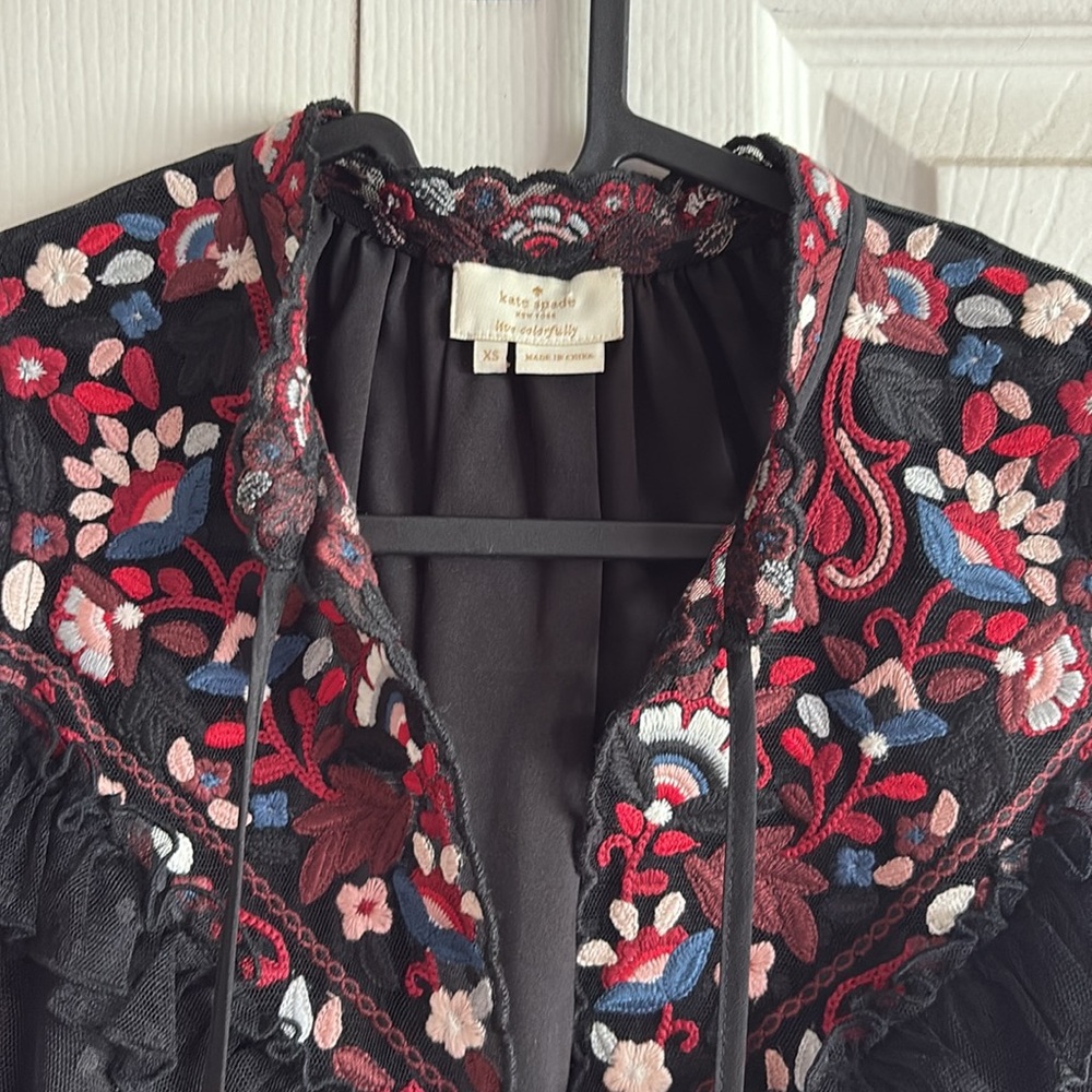 Kate Spade Embroidered Black Sleeveless Top Ruffles Tassels